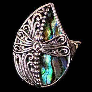 Vintage Sterling Silver & Abalone Dragonfly Ring Size 8